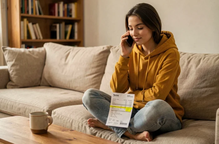 Jeune femme assise sur un canapé avec une facture annotée, en train de contacter le service client Sosh par téléphone pour une réclamation
