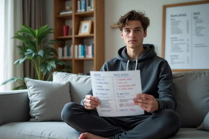 Jeune homme annotant une copie d'examen blanc BCE chez lui dans un espace de travail minimaliste