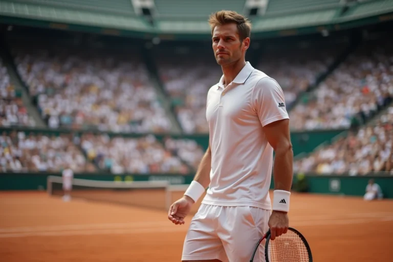 Joueur de tennis professionnel sur un court en terre battue tenant une raquette devant un stade comble, illustrant la carrière et les revenus de Novak Djokovic en 2025