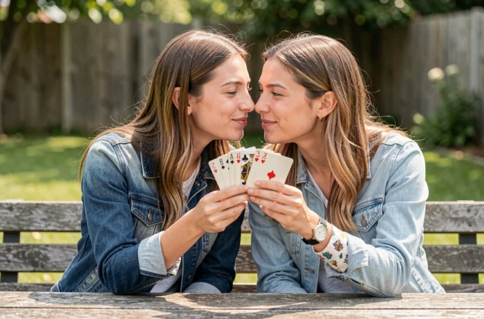 Deux joueuses de Kems échangeant un signal discret pendant une partie de cartes en extérieur