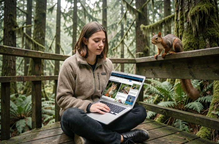 Journaliste environnementale travaillant sur une plateforme d'observation en forêt avec un écureuil roux sauvage