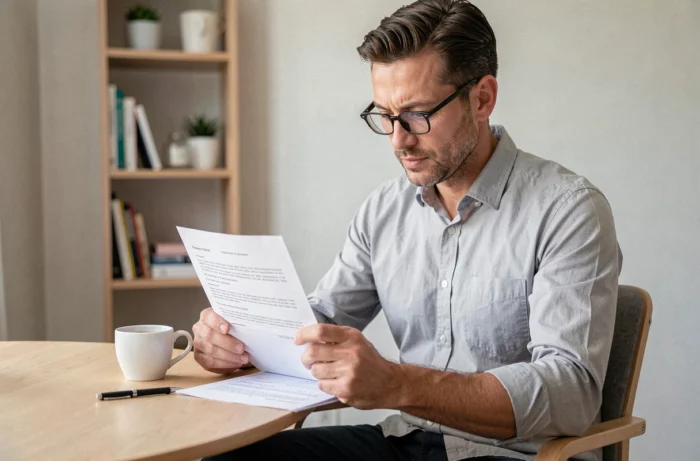Homme lisant attentivement un contrat de location immobilière à son bureau à domicile