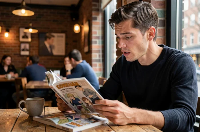 Homme lisant un manga yaoi one shot en VF dans un café avec une tasse de café sur la table