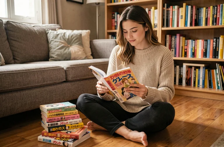 Jeune femme lisant un one shot manga yaoi en VF dans un appartement cosy entouré de livres manga