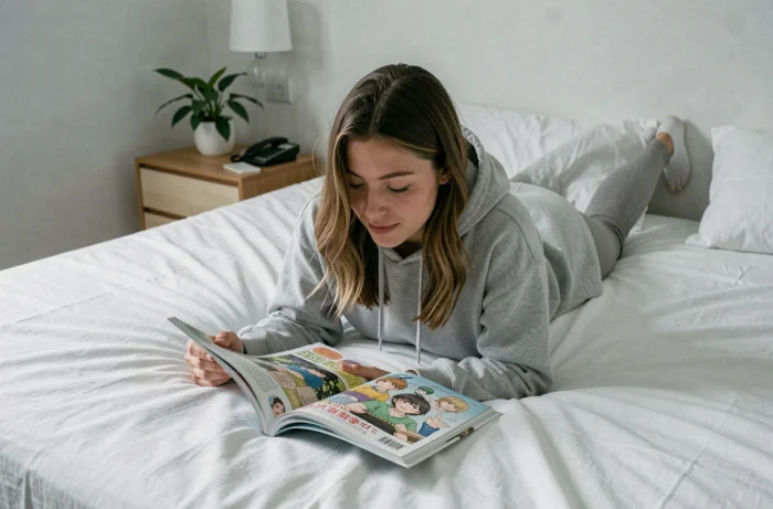 Jeune femme allongée sur un lit lisant un one shot yaoi manga en français dans une chambre moderne