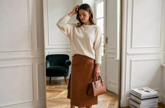 Femme regardant son reflet dans un miroir en tenue mode tendance, jupe cuir cognac et pull côtelé crème, appartement haussmannien