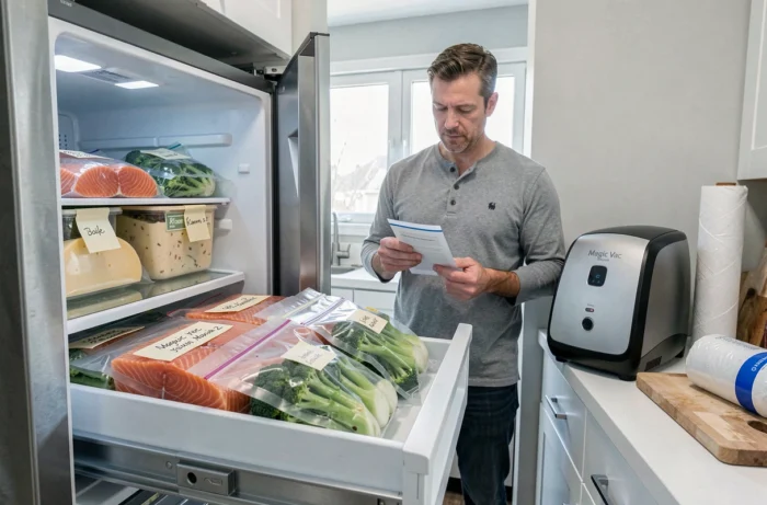 Organisation de réfrigérateur avec aliments sous vide préparés grâce à la Magic Vac Maxima 2