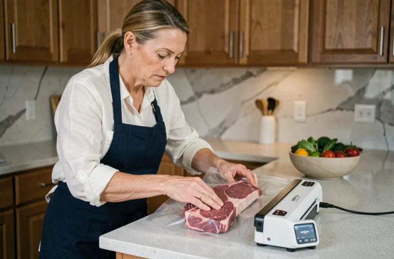 Femme utilisant la Magic Vac Maxima 2 pour mettre sous vide de la viande dans une cuisine moderne