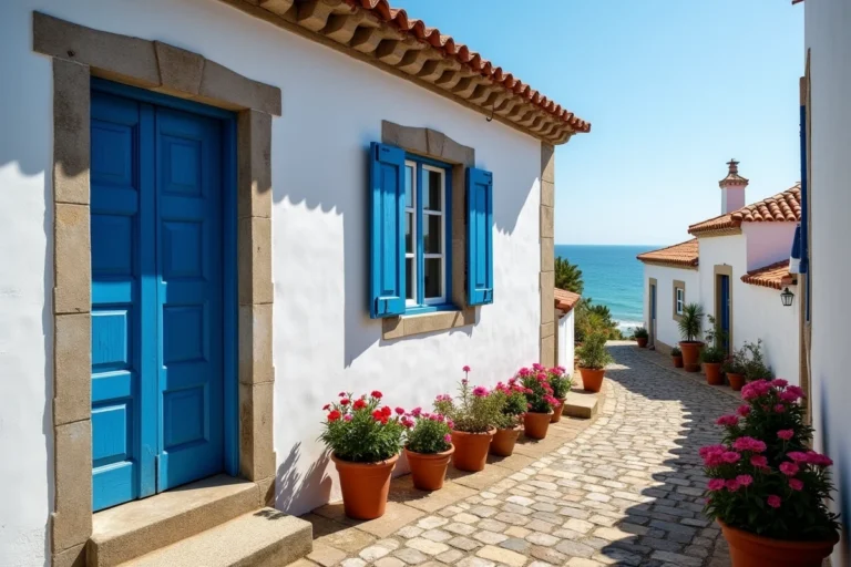 Façade d'une maison de pêcheur portugaise aux murs blancs et encadrements bleus dans un village côtier