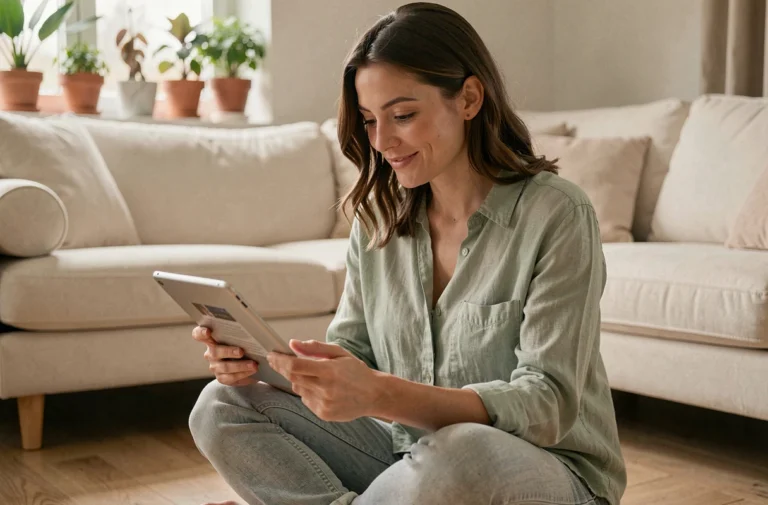 Jeune maman assise sur le sol de son salon, consultant les actualités sur une tablette avec une expression attentive et détendue