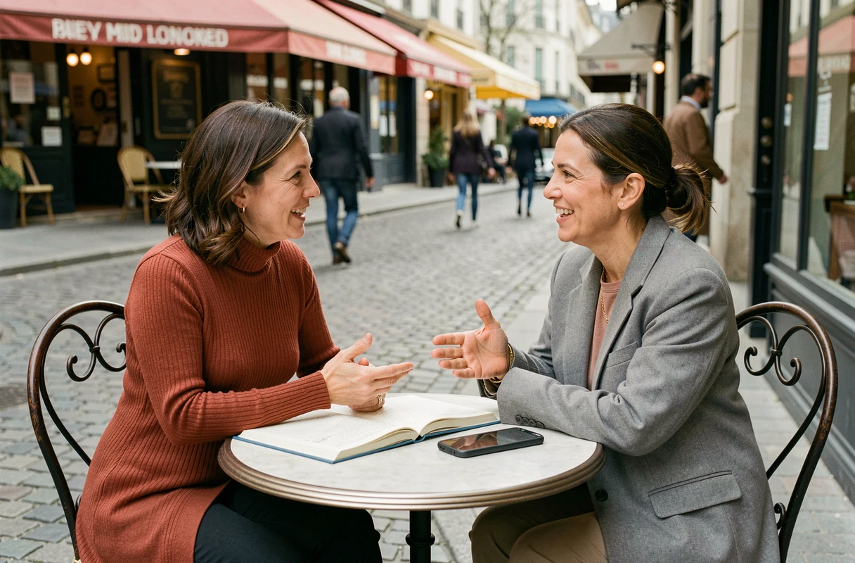 Deux mamans discutant de conseils et tendances en terrasse de café parisien, entourées d'un carnet et d'un smartphone