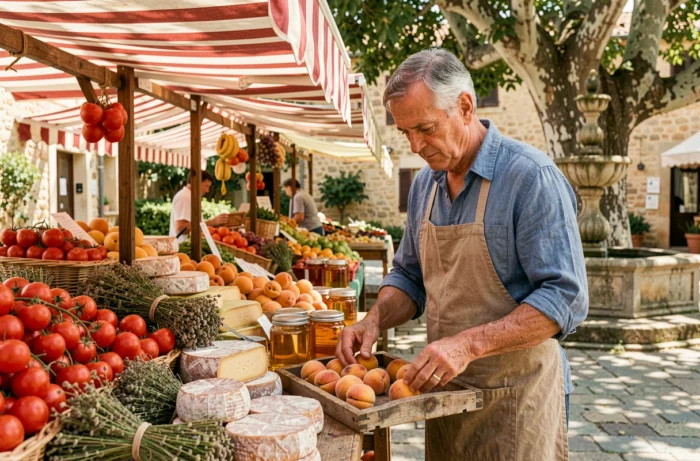 Marché provençal animé sur la place du village de Robion avec étals de fruits et légumes locaux