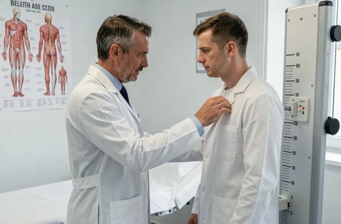 Médecin mesurant la taille d'un patient adulte avec un stadiomètre dans un cabinet médical français