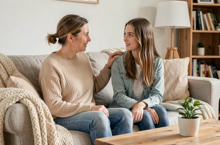 Mère et adolescente en conversation bienveillante sur un canapé, illustrant le soutien parental face aux complexes liés au visage à l'adolescence