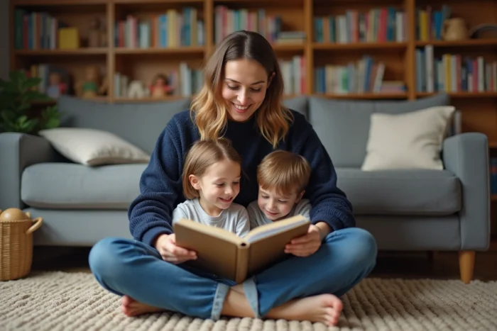Mère lisant un livre à ses enfants assis sur un tapis dans un salon familial chaleureux