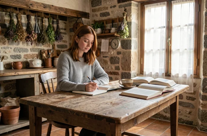 Jeune femme écrivant dans un carnet sur une table en bois rustique, réfléchissant au choix du prénom César pour son enfant