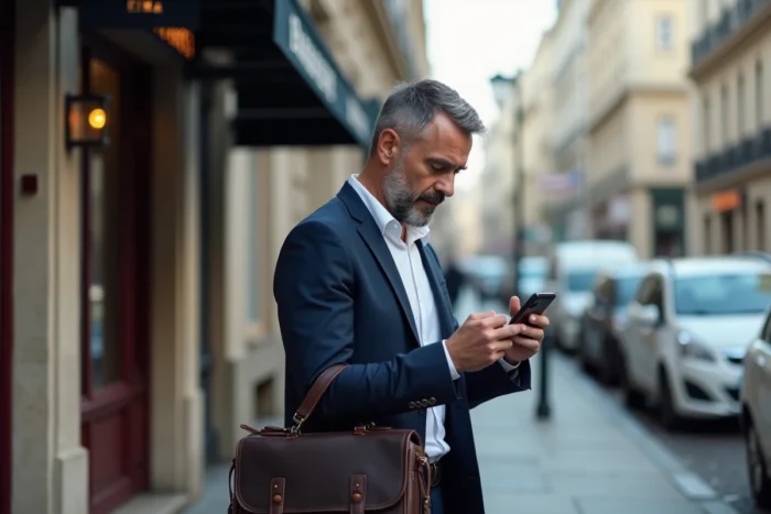 Homme d'affaires vérifiant une notification SMS bancaire dans une rue parisienne