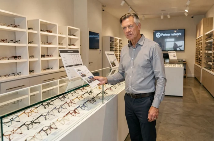 Opticien partenaire réseau Itelis présentant les tarifs 2024 dans une boutique d'optique contemporaine