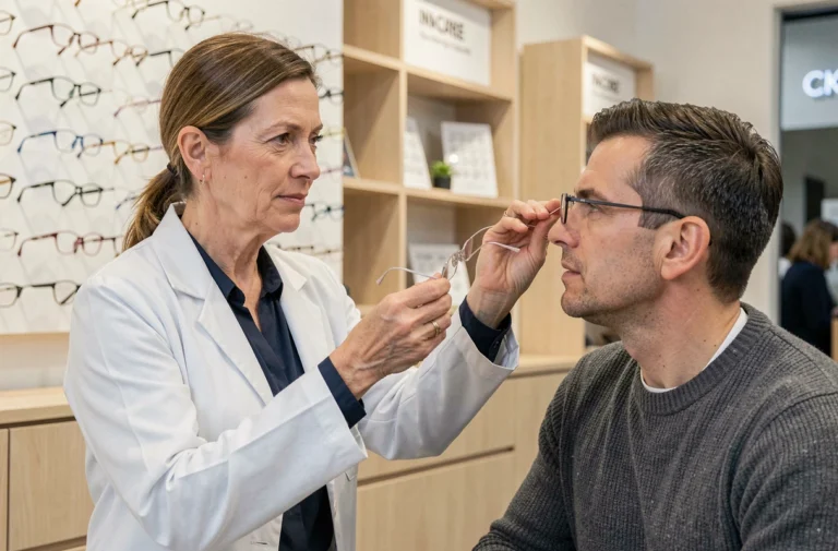Opticienne partenaire Itelis ajustant des lunettes sur un client dans une boutique optique moderne en 2024
