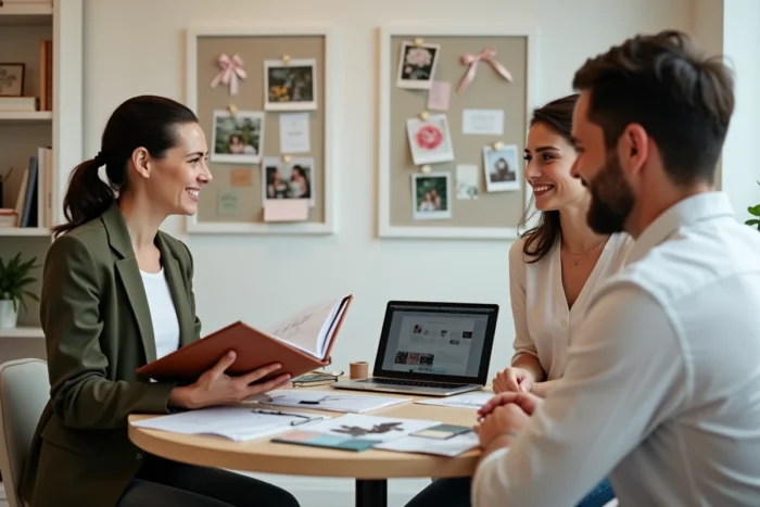 Organisatrice de mariage consultant un couple autour d'échantillons de tissu et de cartes florales dans un studio de planification de mariage moderne et lumineux