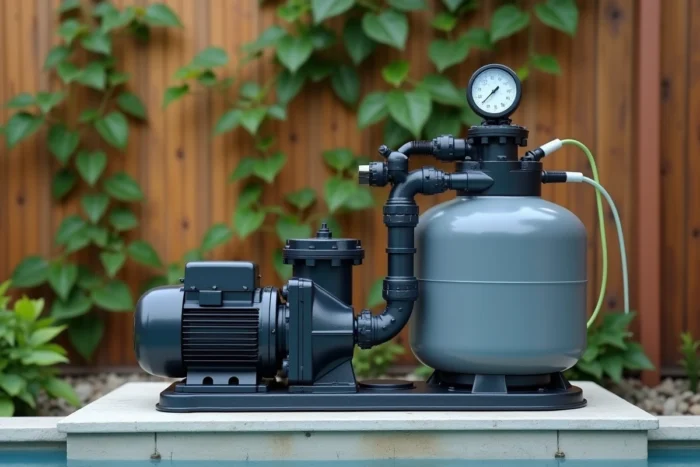 Pompe à sable de piscine avec filtre et jauge de pression montrant les composants de consommation électrique