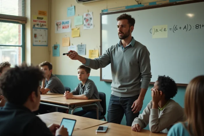 Professeur face à des élèves peu attentifs en classe, illustrant les défis d'engagement des étudiants pour les enseignants modernes