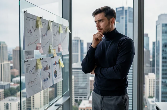 Jeune professionnel analysant des graphiques financiers devant une vue urbaine pour maîtriser les tendances business
