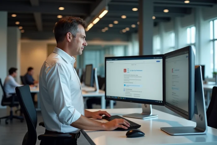 Homme en bureau open space tentant de résoudre un problème d'accès à une plateforme cloud sur deux écrans