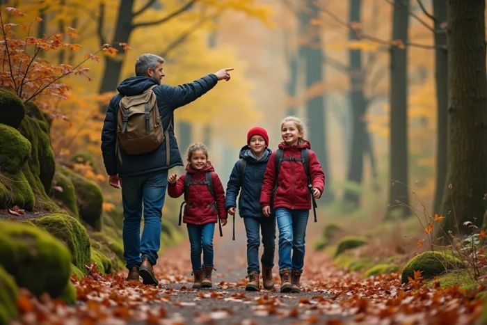 Famille en randonnée sur un sentier forestier en automne, parents et adolescents explorant la nature ensemble