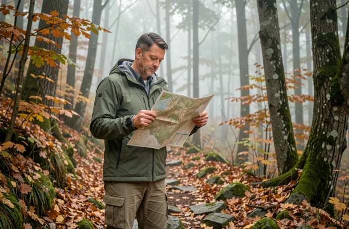 Randonneur consultant une carte topographique sur un sentier forestier en automne