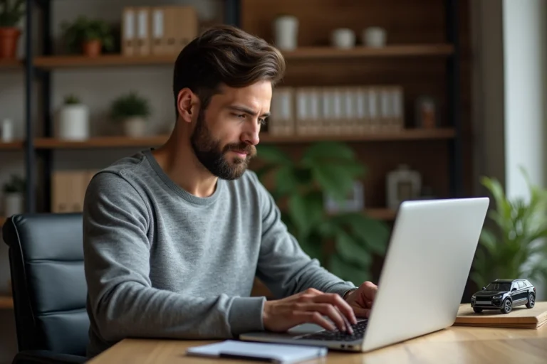 Homme consultant des informations automobiles sur un ordinateur portable dans un bureau à domicile moderne