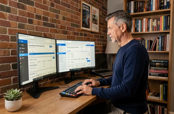 Homme travaillant sur la recherche de mots-clés SEO dans un bureau à domicile avec deux écrans affichant des outils de référencement naturel