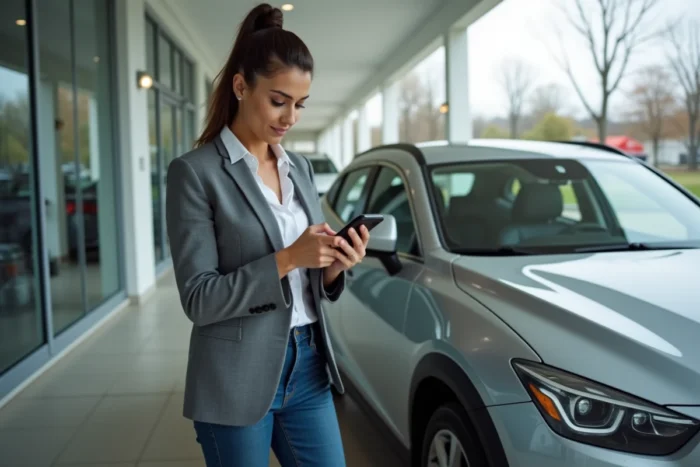 Femme recherchant des informations sur une voiture via une application mobile dans un parking de concession automobile