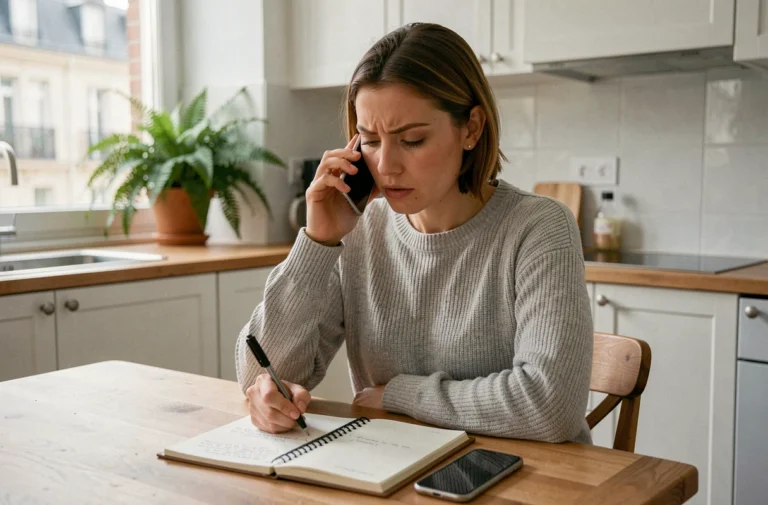 Femme passant une réclamation téléphonique au service client Sosh depuis son appartement, avec un bloc-notes et un stylo sur la table