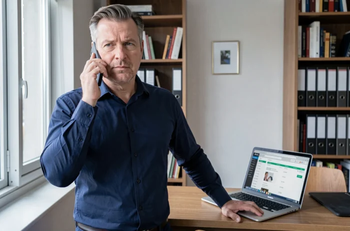 Homme en télétravail effectuant une réclamation auprès de Sosh par téléphone avec un ordinateur portable ouvert sur son espace client