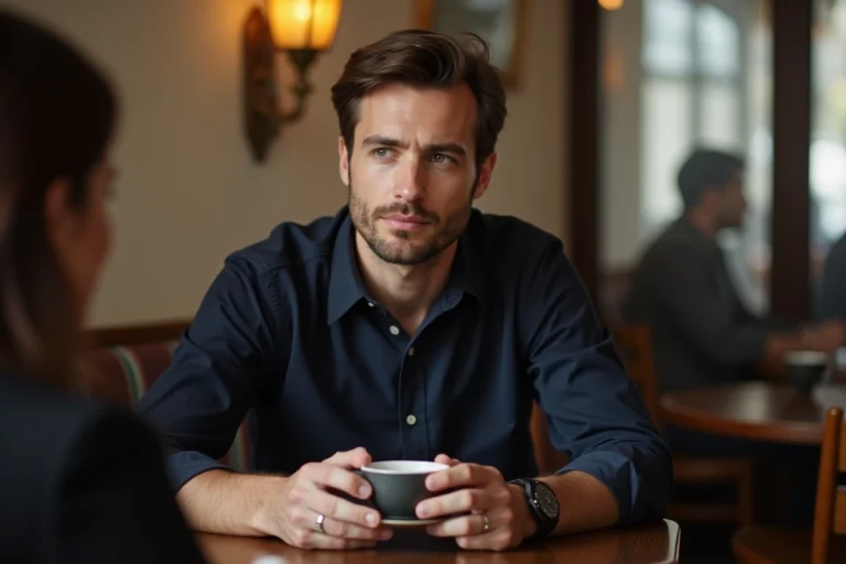Homme aux yeux intenses regardant une femme dans un café parisien, illustrant la signification d'un regard appuyé