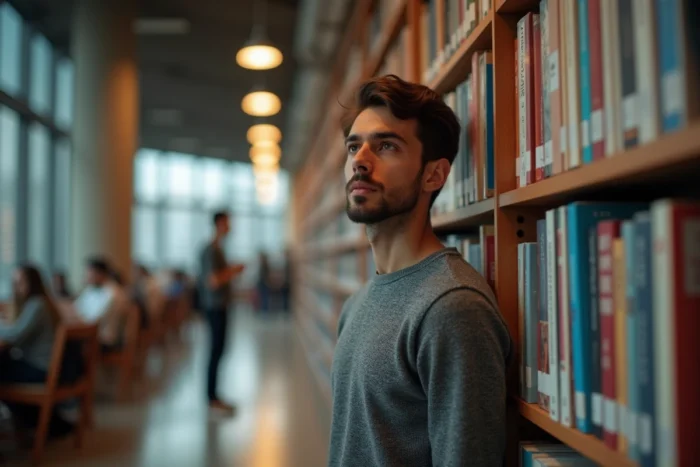Jeune homme au regard intense et prolongé dans une bibliothèque moderne, symbolisant l'intérêt romantique non verbal