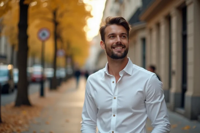 Homme au regard soutenu et expressif dans une rue parisienne en automne, représentant la communication non verbale masculine