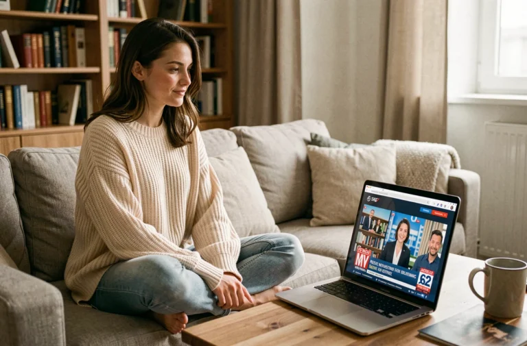 Jeune femme regardant la télévision en direct sur son ordinateur portable depuis son salon confortable