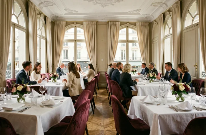 Salle de restaurant gastronomique parisien avec nappes blanches, verres en cristal et décor raffiné pour grandes occasions