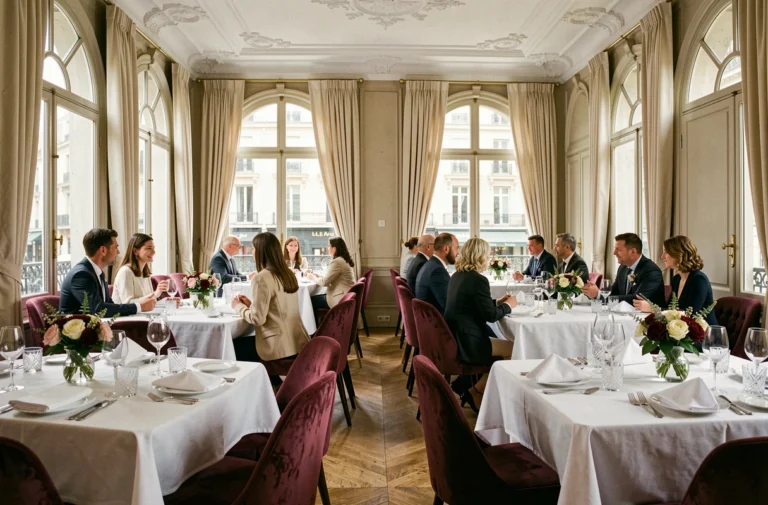 Salle de restaurant gastronomique parisien avec nappes blanches, verres en cristal et décor raffiné pour grandes occasions