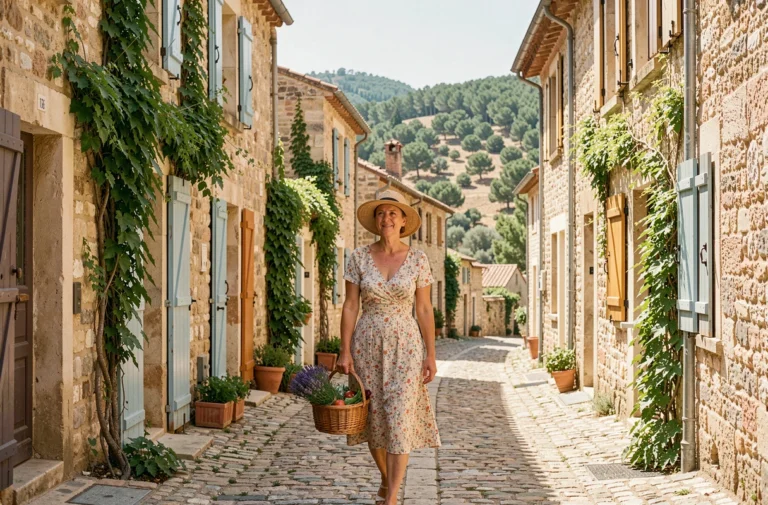 Femme se promenant dans une ruelle pavée du village provençal de Robion avec vue sur le Luberon