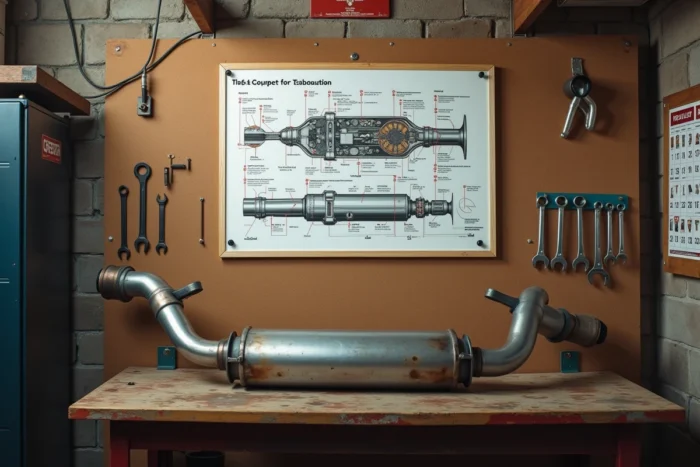 Schéma technique ligne d'échappement affiché en garage avec pièces réelles sur établi