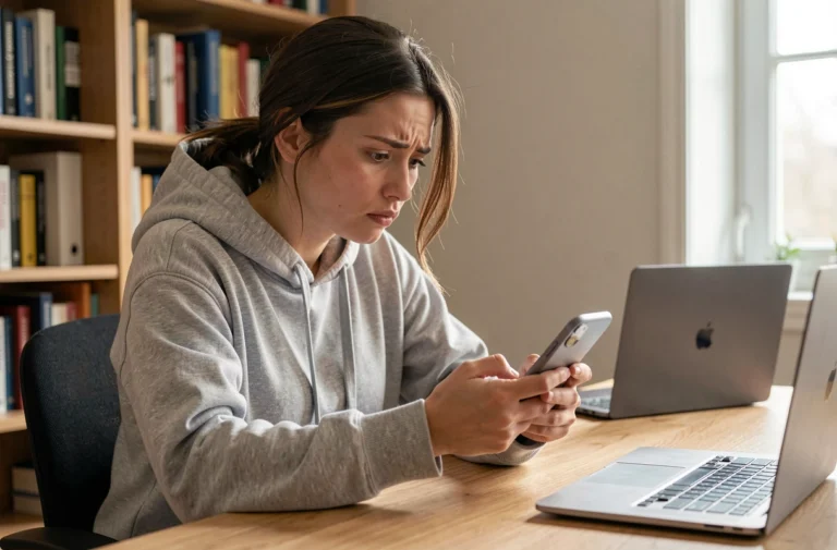 Femme vérifiant la sécurité de son compte Instagram sur smartphone avec une expression préoccupée