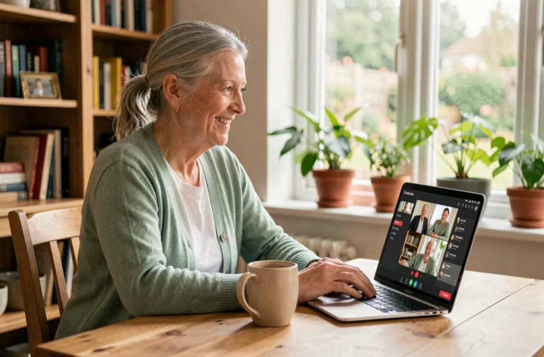 Une femme senior souriante en train de faire une visioconférence sur son ordinateur portable depuis sa cuisine, illustrant les rencontres entre seniors en ligne