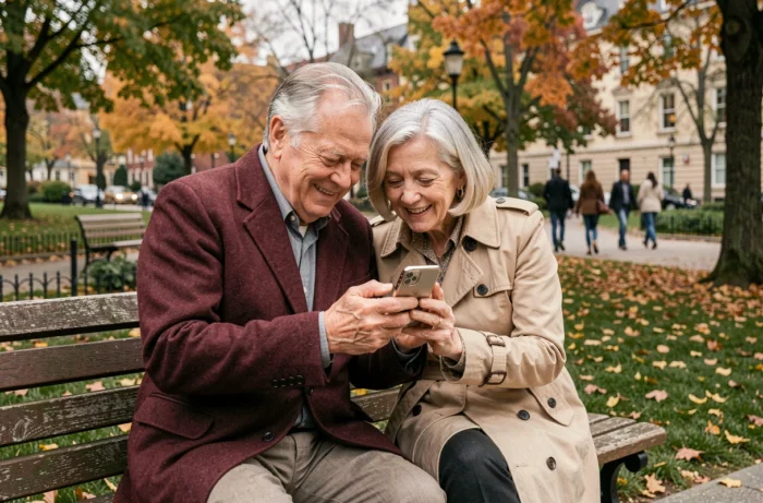 Un couple de seniors partageant un moment convivial sur un banc de parc en consultant une application de rencontre sur smartphone