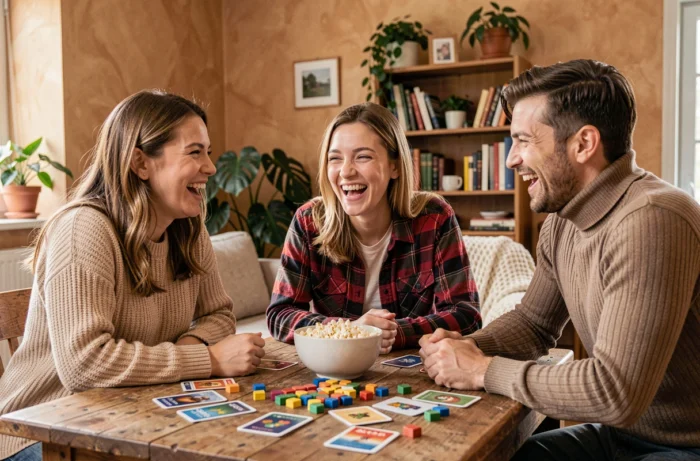 Groupe d'amis jouant à un jeu de société autour d'une table dans un appartement chaleureux