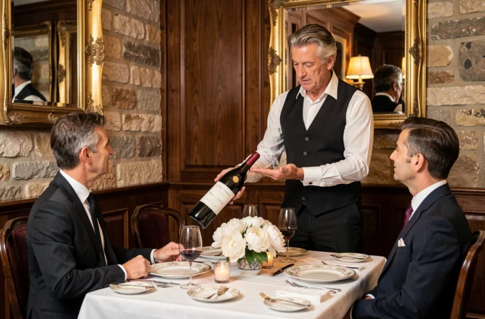 Sommelier en restaurant parisien raffiné présentant une bouteille de vin à des clients élégants lors d'un dîner de prestige