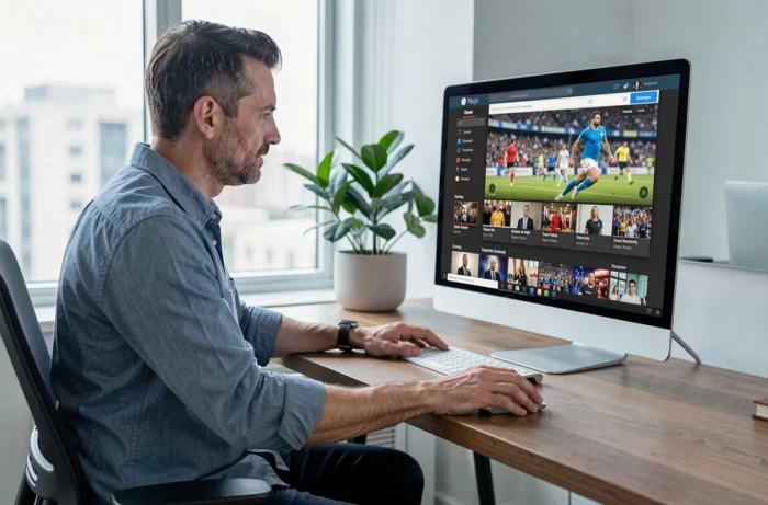 Homme utilisant un site de streaming légal pour regarder des chaînes TV en direct sur son bureau