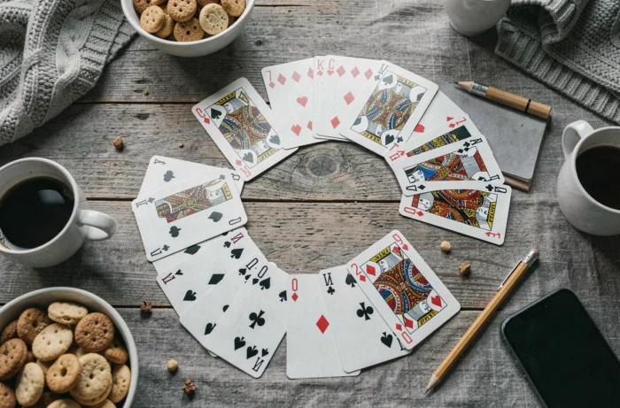Vue du dessus d'une table de jeu avec des cartes distribuées et un carnet de score pour une partie de Kems